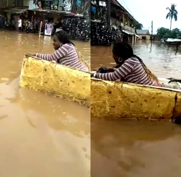 Edo indigenes spotted using condemned refrigerator as means of transportation in Benin City after heavy flood (video)