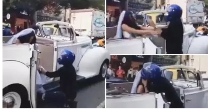 Biker stops wedding car and begs his ex not to get married (video)